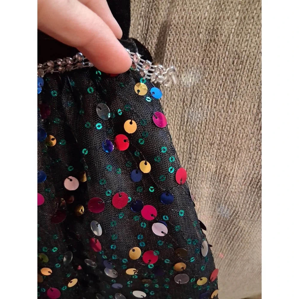 Girls Christmas‎ Dress Rainbow Sequins Black Velvet 6 VGUC